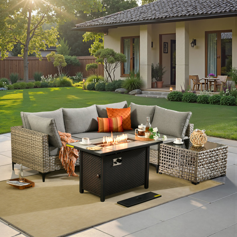 Ensemble de conversation modulaire en osier pour 4 personnes avec table basse lumineuse, ensemble de conversation moderne en rotin avec coussins Emroy