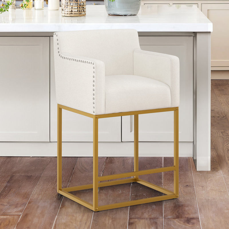 Levertis Upholstered Counter Stool, Counter Stool (26.5" Seat Height), Beige/Gold