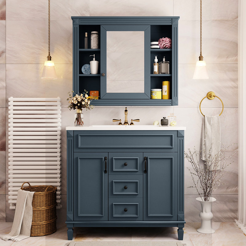 36'' Modern Bathroom Sink Cabinet, Blue Mirror, 2 Doors And Drawers Vanity, Unit