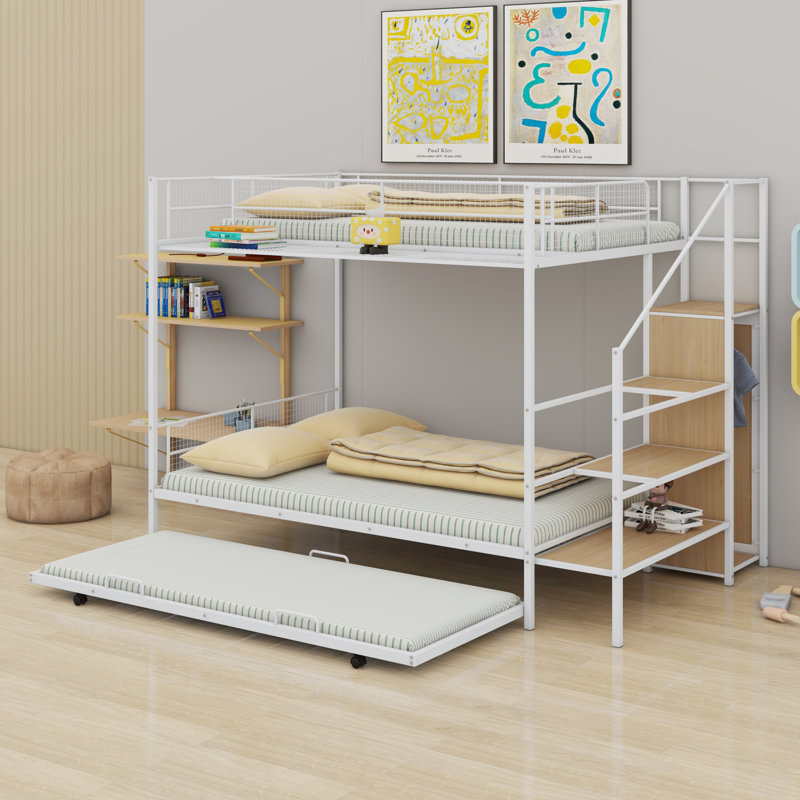 Lit superposé en métal avec lit gigogne, échelle de rangement latérale et garde-robe, Blanc/naturel