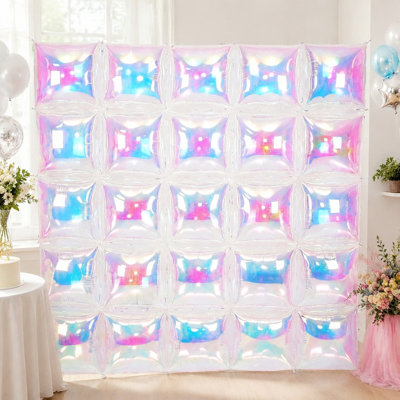 Iridescent Double Sided Square Foil Balloon Wall Kit, 25pcs Chrome Rainbow Balloons Backdrop For Party Decor