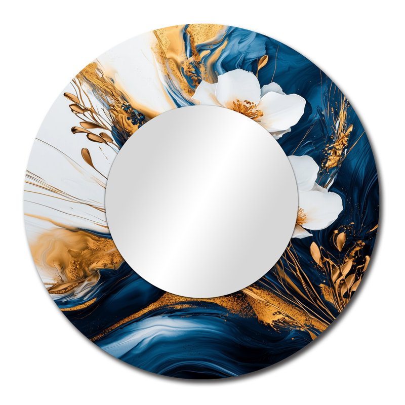 Pétunias dorés sur une rivière turquoise de marbre I - miroir traditionnel pour décoration murale, 29 po x 29 po