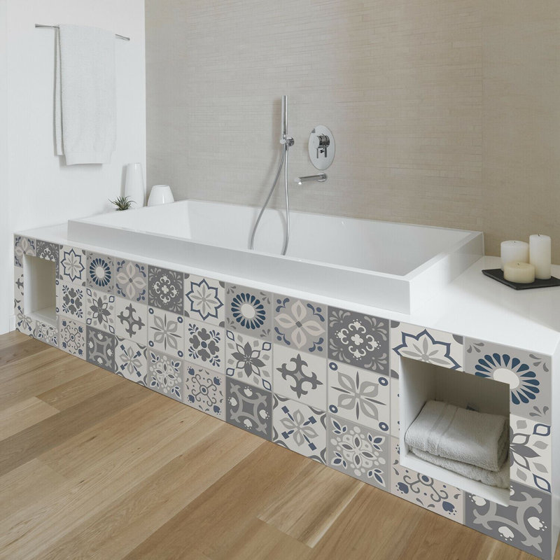 Marjorelle Black and White Moroccan Wall Tile Sticker Set 15cm x 15cm PVC , Light Grey