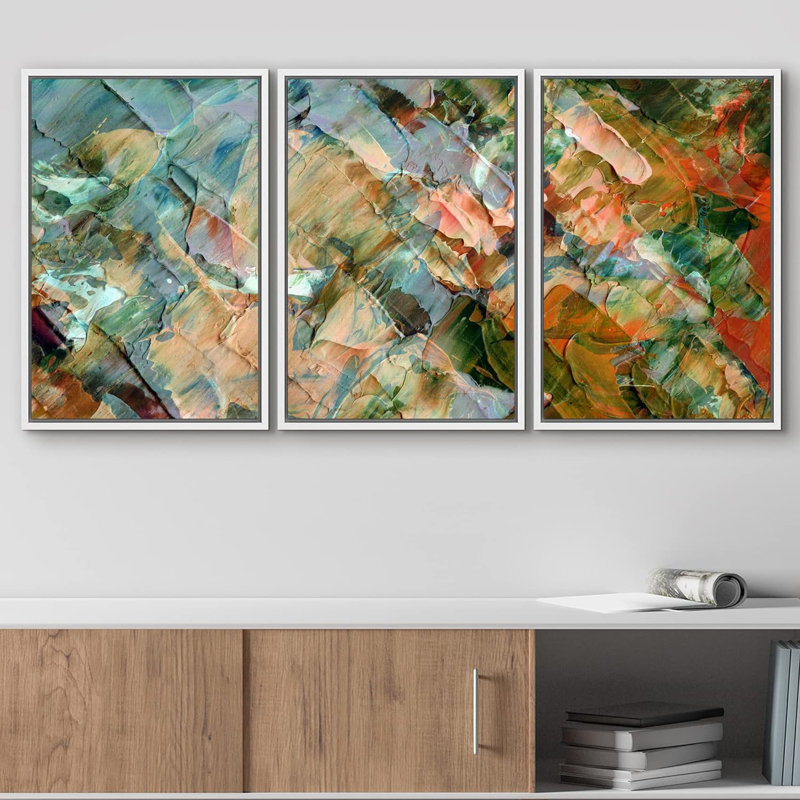 Abstrait coloré, effet de peinture moderne et chic, impression sur toile encadrée, 3 pièces, Cadre flottant blanc