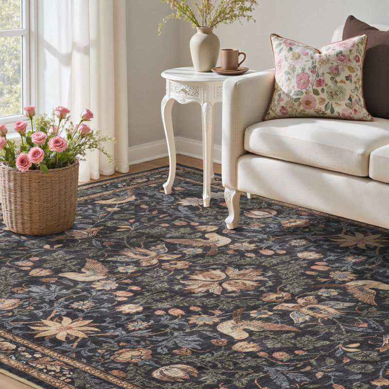 Soft Vintage Floral Washable Non-Slip Area Rug For Living Room, Bedroom Charcoal & Sage Green, Rectangle 5' x 7'