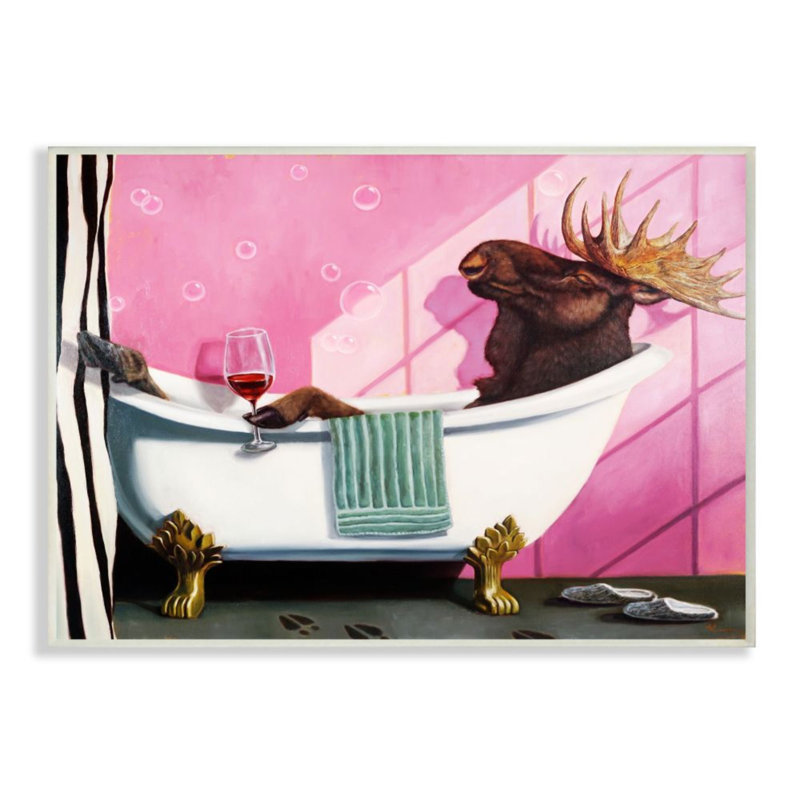 «Moose with Wine Bathroom» par Lucia Heffernan - reproduction d'art, H 19 po x l 13 po, Plaque murale
