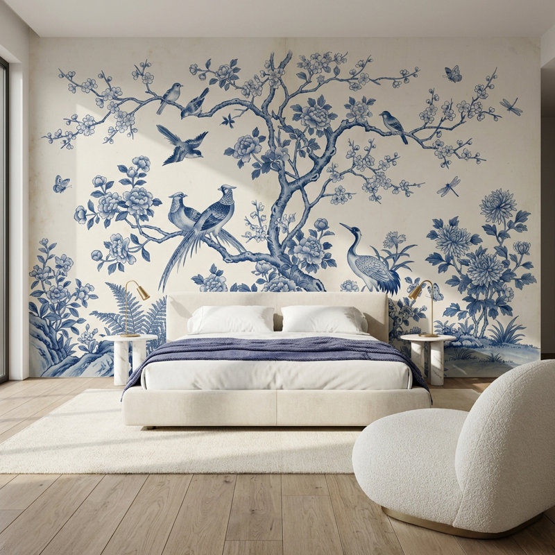 Papier peint chinois et chinois Toile, 100 po x 96 po, Peler et coller