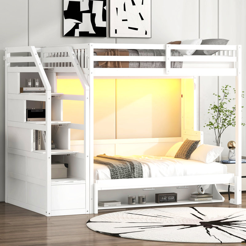 Full XL Size Loft Bed With Storage Staircase And Full Size Murphy Bed, With LED Light