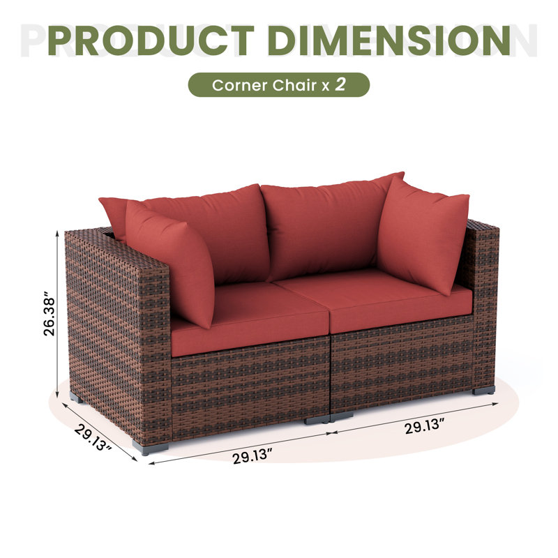 Ensemble de 2 canapés d'angle modulaires d'extérieur, sièges de patio en osier toutes saisons avec coussins, Rouge