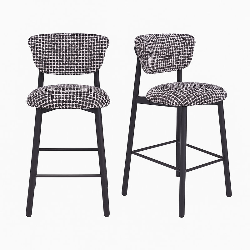 Ensemble de 2 tabourets de comptoir rembourrés avec structure en métal d'aspect bois, dossier roulé, tissu tissé