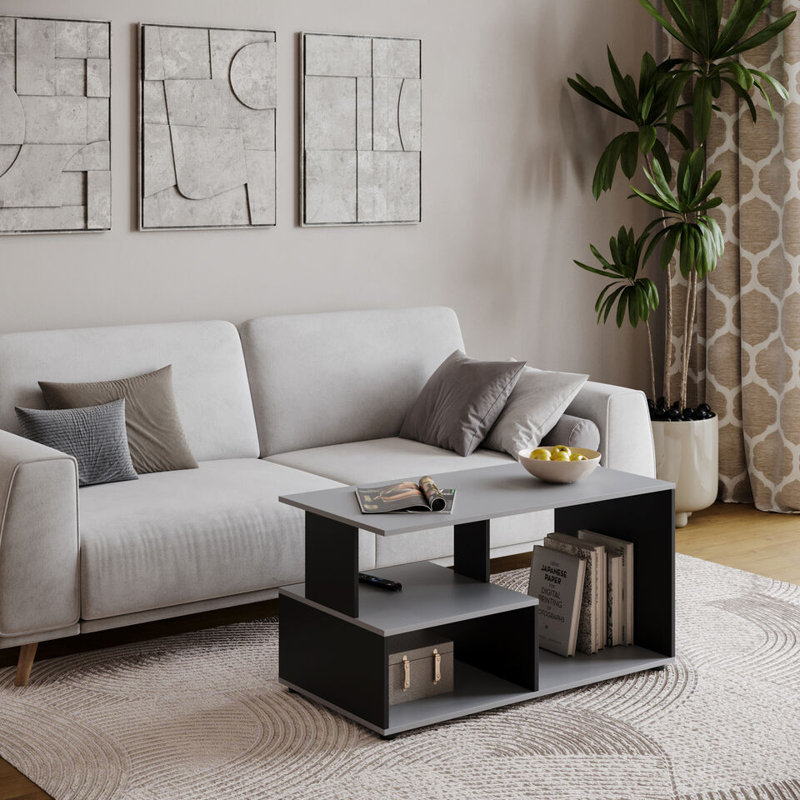 Aylinne Solid Wood Coffee Table with Storage, Black, Grey