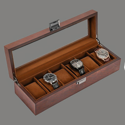 6 Slot Watch Display Case Watch Box Organizer, Wood Watch Case For Watch Storage, Watch Holder Organizer With Glass Lid -6 Slot, Espresso