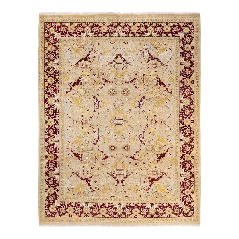 Tapis beige / rouge noué à la main de conception unique 9 pi 1 po x 11 pi 8 po Keenan