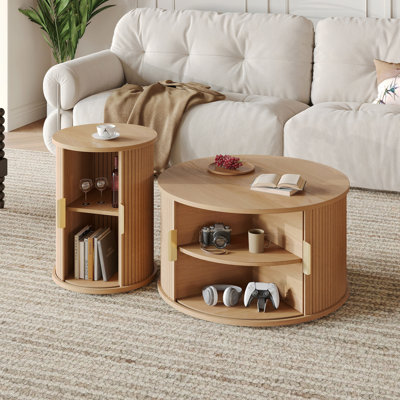 Ensemble de tables basses avec porte tambour coulissante, table de bout ronde cannelée avec rangement, table d'appoint haute et basse à poignée dorée avec finition en bois pour le salon, ensemble de deux