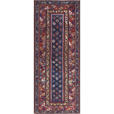 Antique Kazak Hallway Runner Wool Blue Rug
