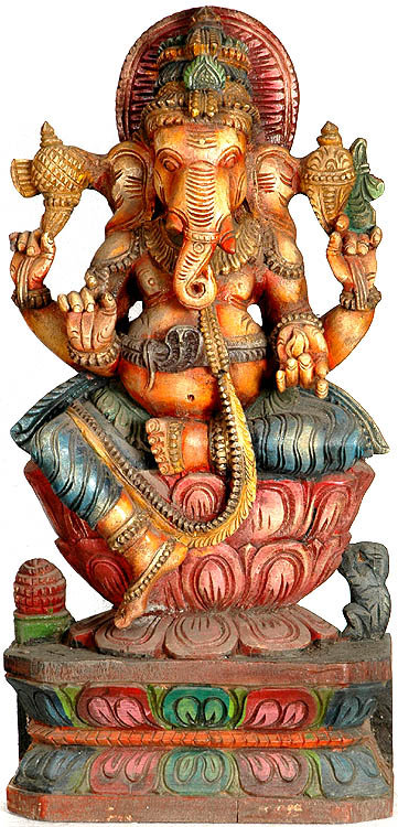 Statue de Ganesha en bois sculpté à la main dans une pose de Lalitasana, sculpture de 24 pouces de haut temple indien du sud pour l'autel et la salle de méditation