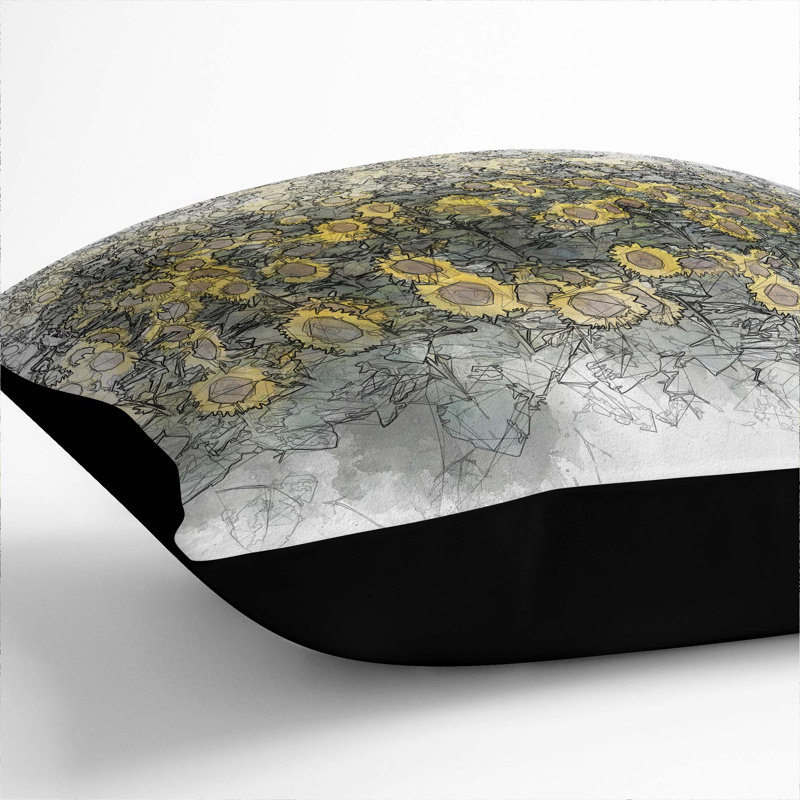 Field of Yellow Sunflowers in Abstract Cushion with Filling, Black, 40cm H x 40cm W x 15cm D