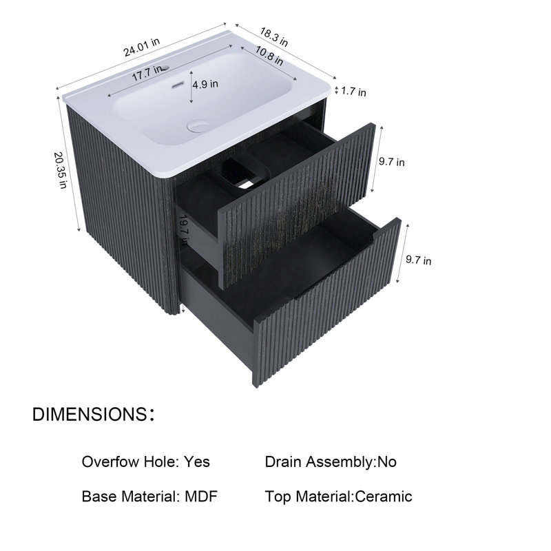 Meuble-lavabo simple 24 po avec lavabo, Noir