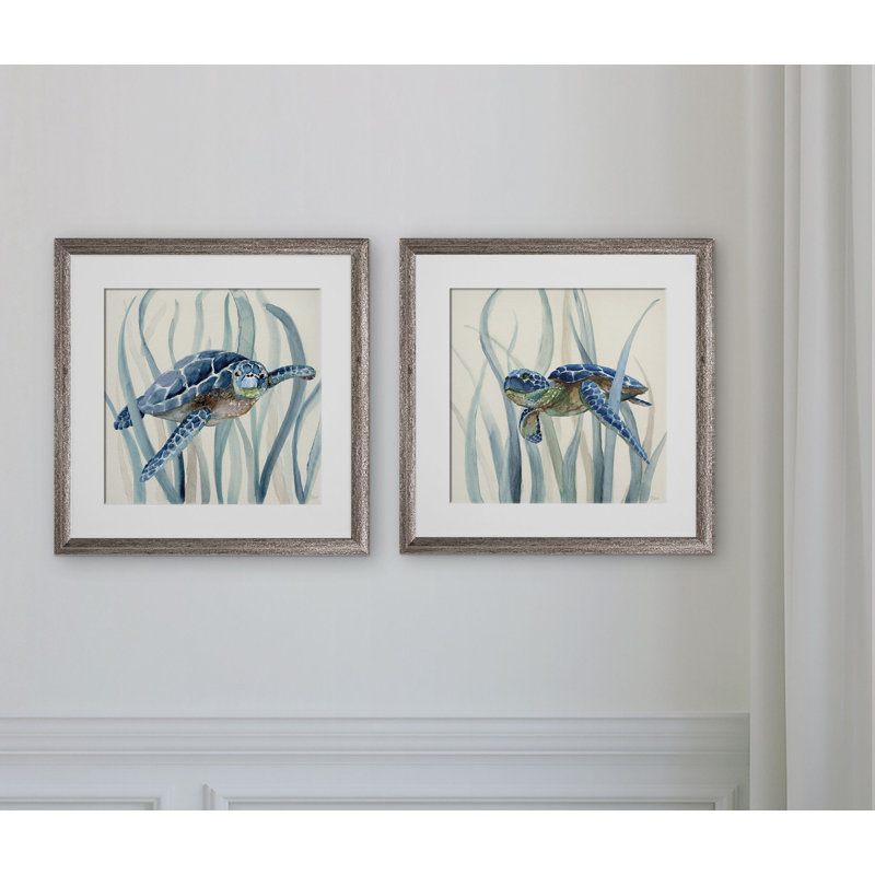 «Turtle in Seagrass I», reproduction d'art graphique encadrée 2 pièces, Encadrement brun