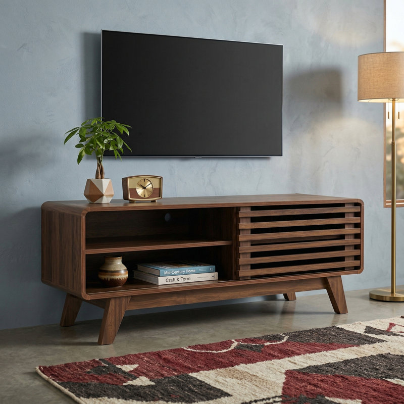 Mid-Century Modern 46-Inch Walnut TV Stand with Slatted Sliding Door and Storage Media Console Entertainment Center for Living Room