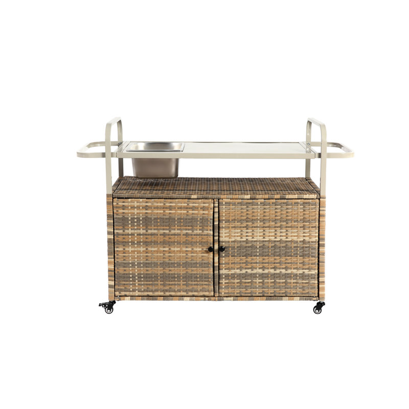Patio Bar Table With Steel Top & Cabinet - Beige Outdoor Cart Cabinet, Lockable Wheels, All-Weather, Side Basket, Simple Assembly Process Sports Top, Effortless Setup