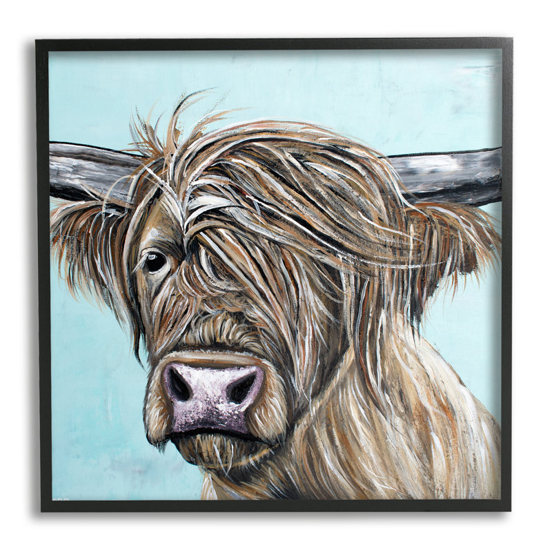 «Highland Bovins Windblown» encadré sur bois par Jen Seeley, peinture, Giclée encadrée noir minuit