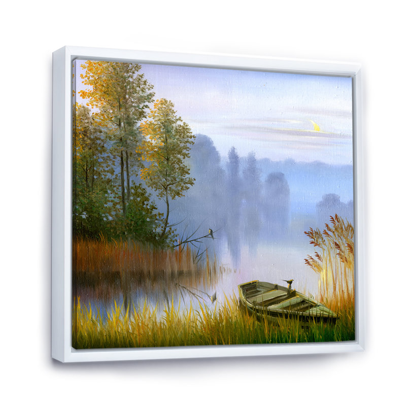 Le bateau sur la berge du lac - Peinture sur toile encadrée, H 16 po x l 16 po x P 1 po, Cadre blanc