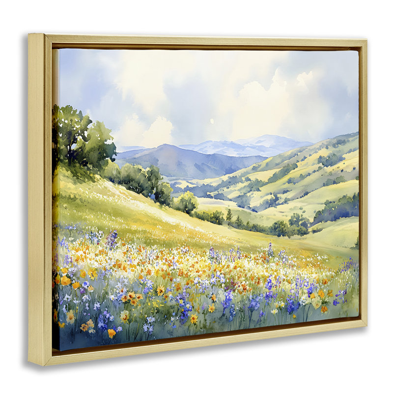 Printemps pré avec cadre flottant en montagne, design par Franklyn Gregory, H 25 po x l 31 po, Cadre flottant métallique doré