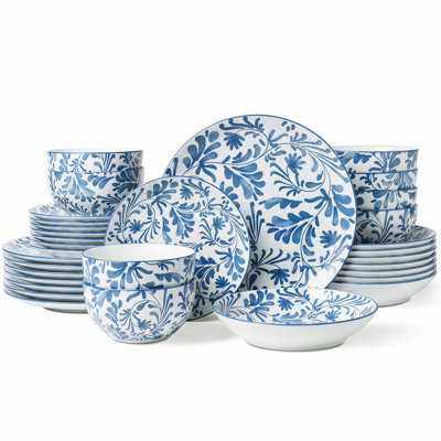 32-Piece Porcelain Dinnerware Set, Blue and Green Floral Plates Bowl Set, Service for 8