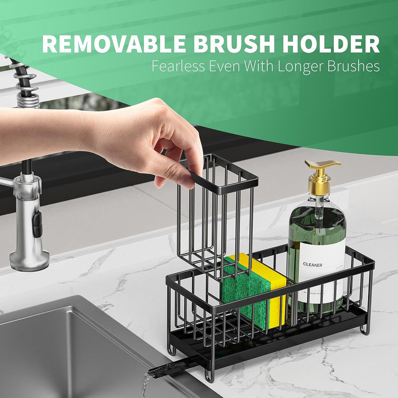 Black Stainless Steel Kitchen Sink Sponge Holder with Brush Organizer