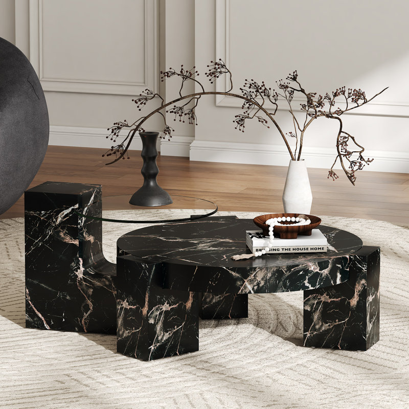 2-Piece Modern Round Nesting Coffee Table Set For Home & Apartment, Black, 29.9" H x 29.9" L x 17.3" W