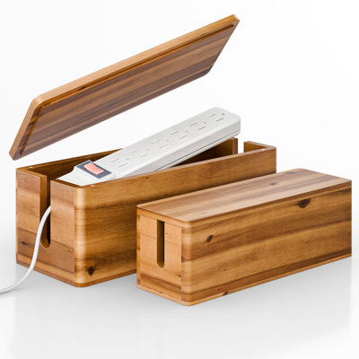 Acacia Wood Large Cable Management Box Round Edge - Set of 2 Cord Box Hider for Home, Office