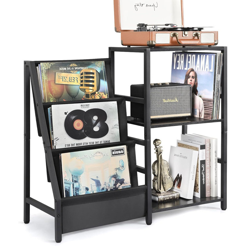 Support pour tourne-disque avec rangement en vinyle, Noir