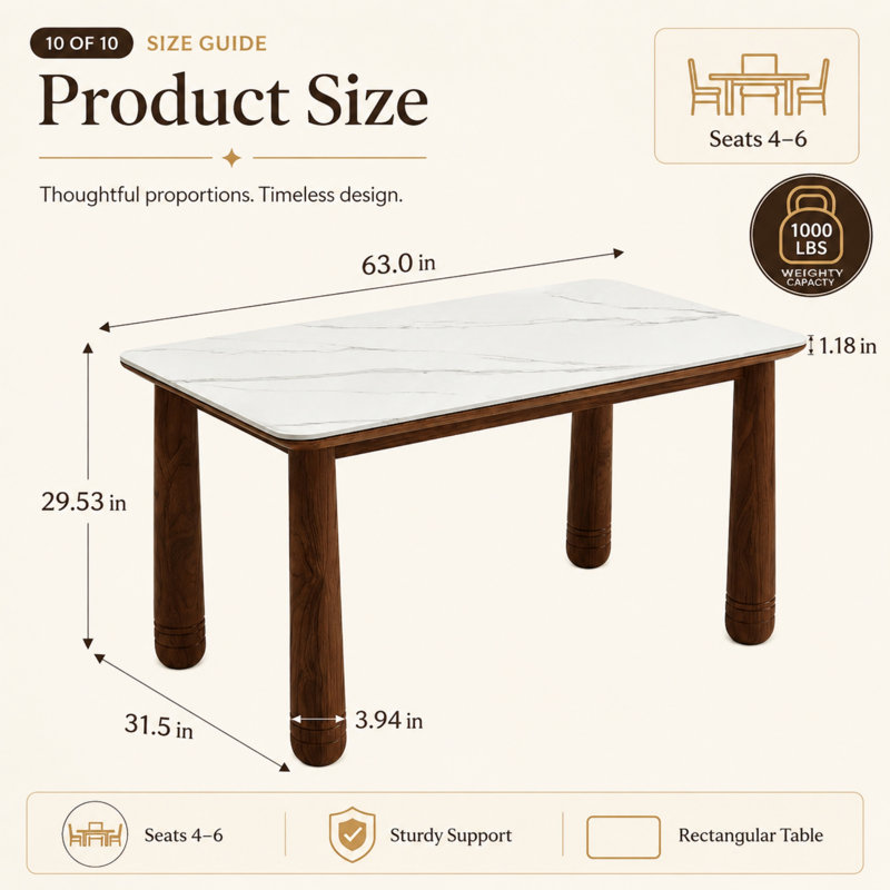 Table de salle à manger rectangulaire en bois massif de 63 po Brathwaite pour 4-6, table de salle à manger et de style Mid-Century moderne en chêne avec pieds cylindriques, capacité robuste de 1000 lb