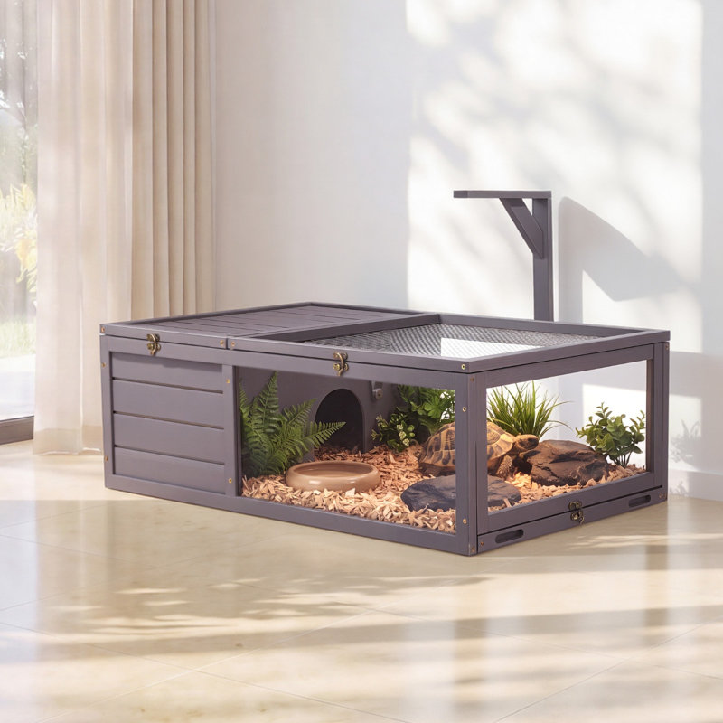 Habitat pour tortues, maison en bois de 2 pièces avec tiroir amovible, pour petits animaux d'intérieur et d'extérieur, support pour lampe, grand enclos pour tortues et reptiles avec toit ouvrant et fenêtre d'observation en acrylique