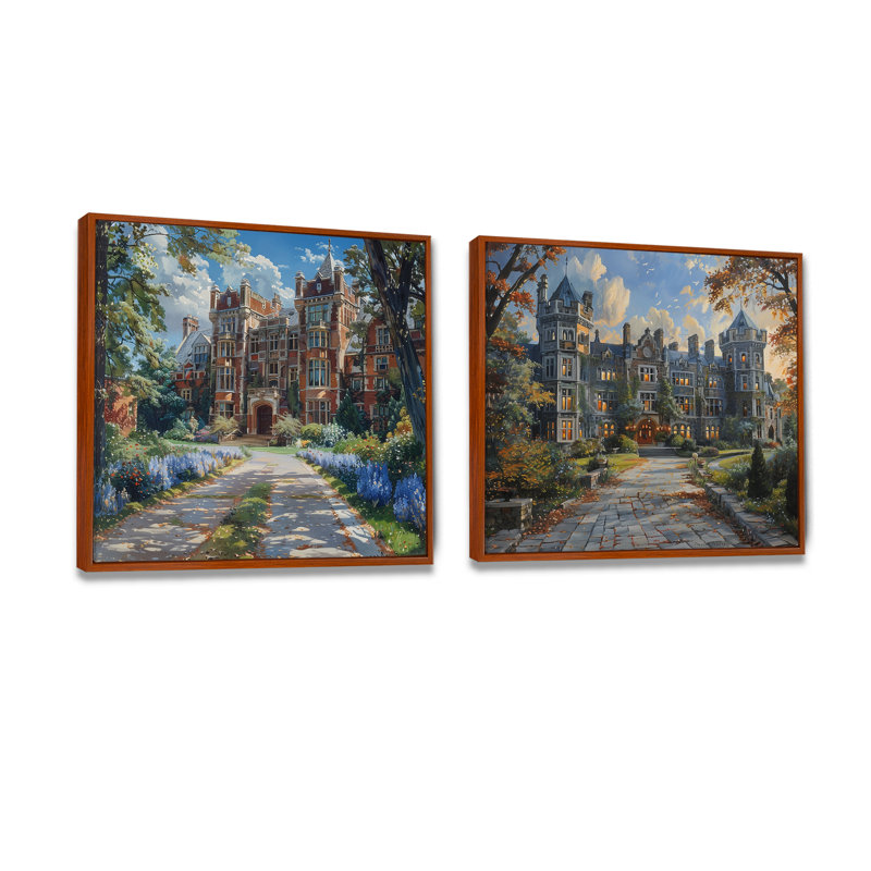 «England University Hall Building In Summer I», art mural industriel, 2 pièces, H 30 po x l 61 po, Brun