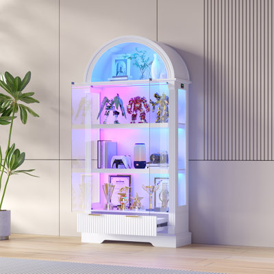 72" H  Arched Top Curio Cabinet with Glass Door,Display Cabinet with RGB