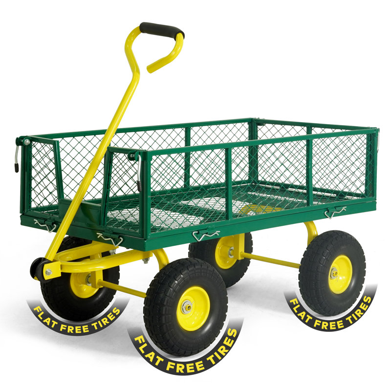 CAPHAUS Metal Garden Cart, w/ 180° Adjustable Yellow Handle, w/ Mat and Strap, 880 lbs Capacity, Green