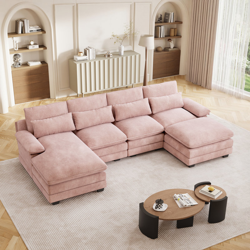  114.7 Inch U Shaped Chenille Sectional Sofa with Chaise Lounge Wide Arms High Back Living Room, Dark Gray Polyester
