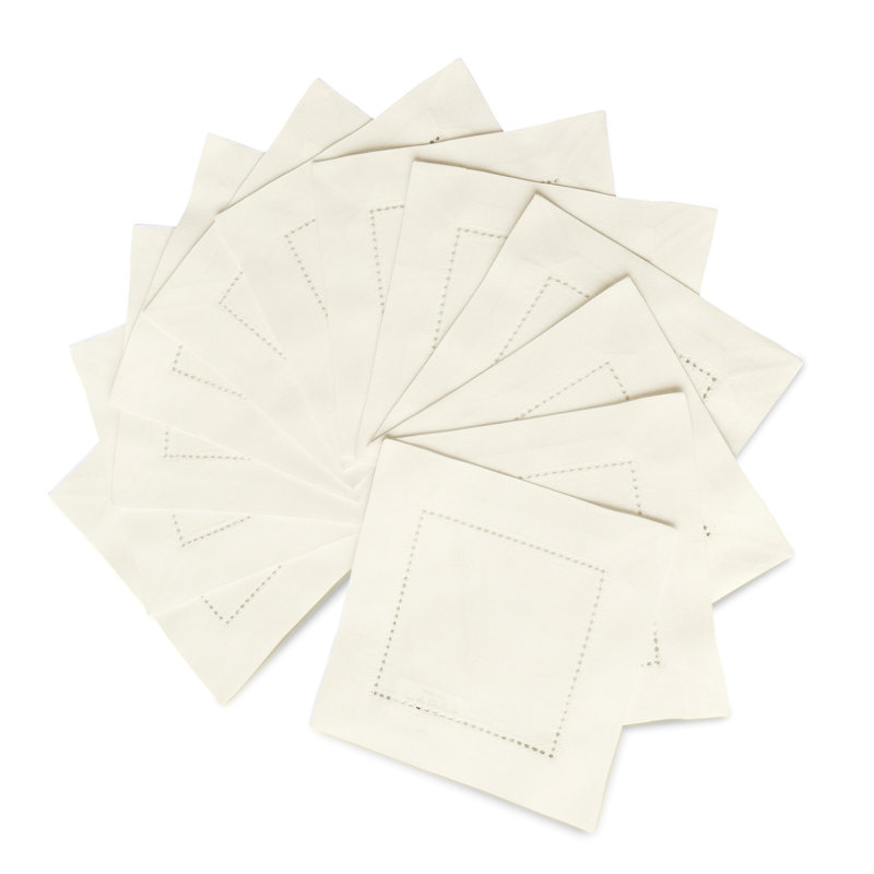 Cotton Linen Hemstitch Cocktail Napkins, Ivory