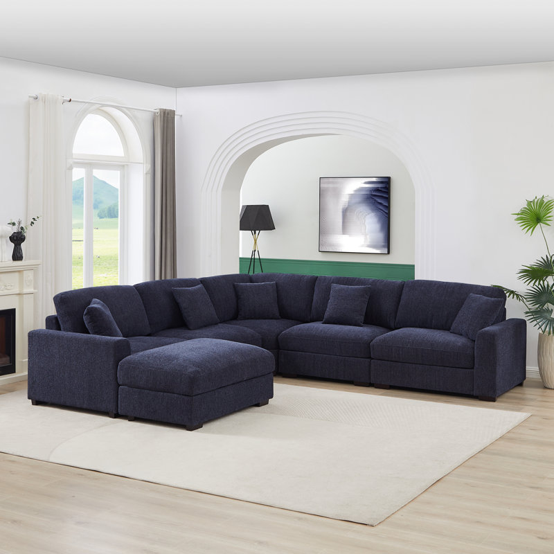Eugenijus Reversible Modular 6 Piece Corner Sectional Couch with Ottoman, Blue 100% Polyester