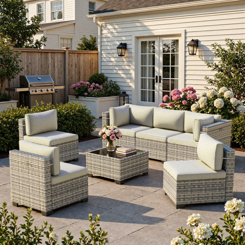 7-Piece Outdoor Sectional Sofa Set With HDPE Wicker, Cushions & Coffee Table, Modular Patio Conversation Set, Beige