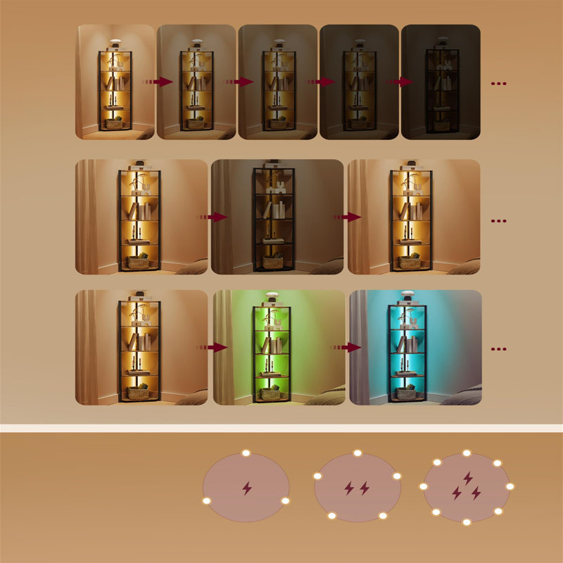 5-Tier Corner Shelf, Bookcase With Adjustable LED Light, Storage Rack With Steel Frame