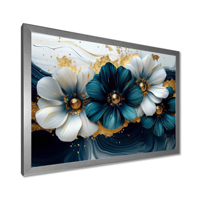 «Golden Arrangement», velours bleu, marguerites, encre III - marguerites, art mural