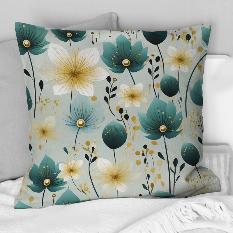 Coussin décoratif bleu sarcelle et ivoire à motif floral I - imprimé floral, H 16 po x l 16 po