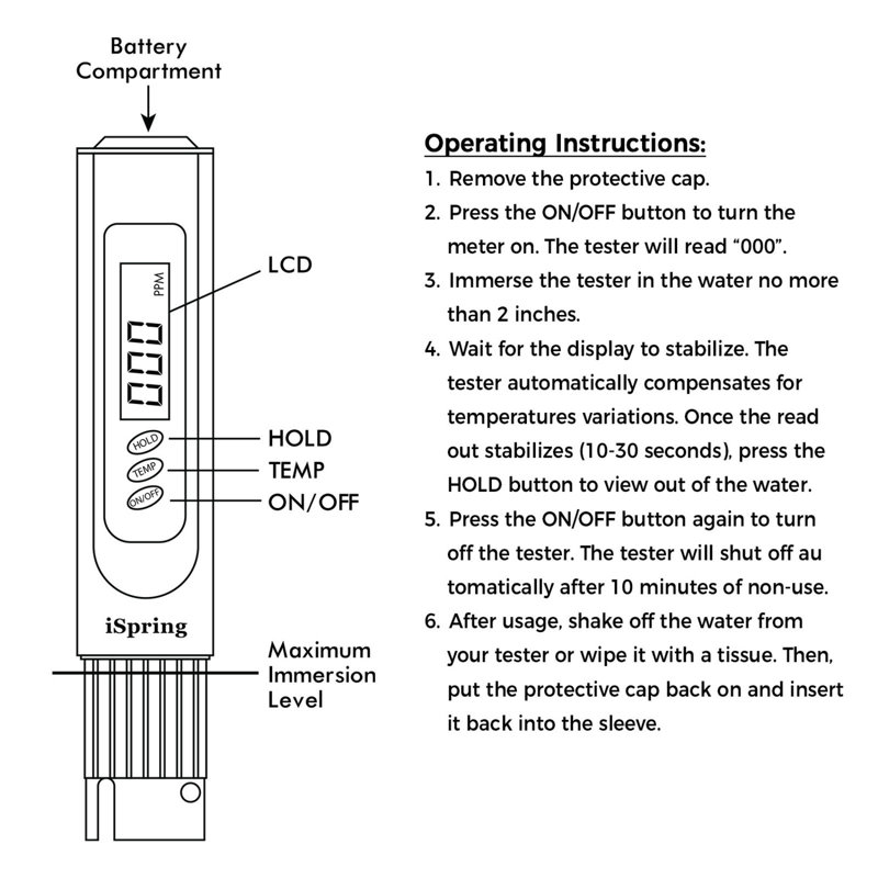 Testeur de qualité d'eau numérique à 3 boutons iSpring TDS3 avec fonction de test de température