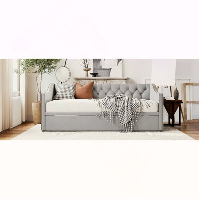 Twin Size Upholstered daybed with Pop Up Trundle, Gray
