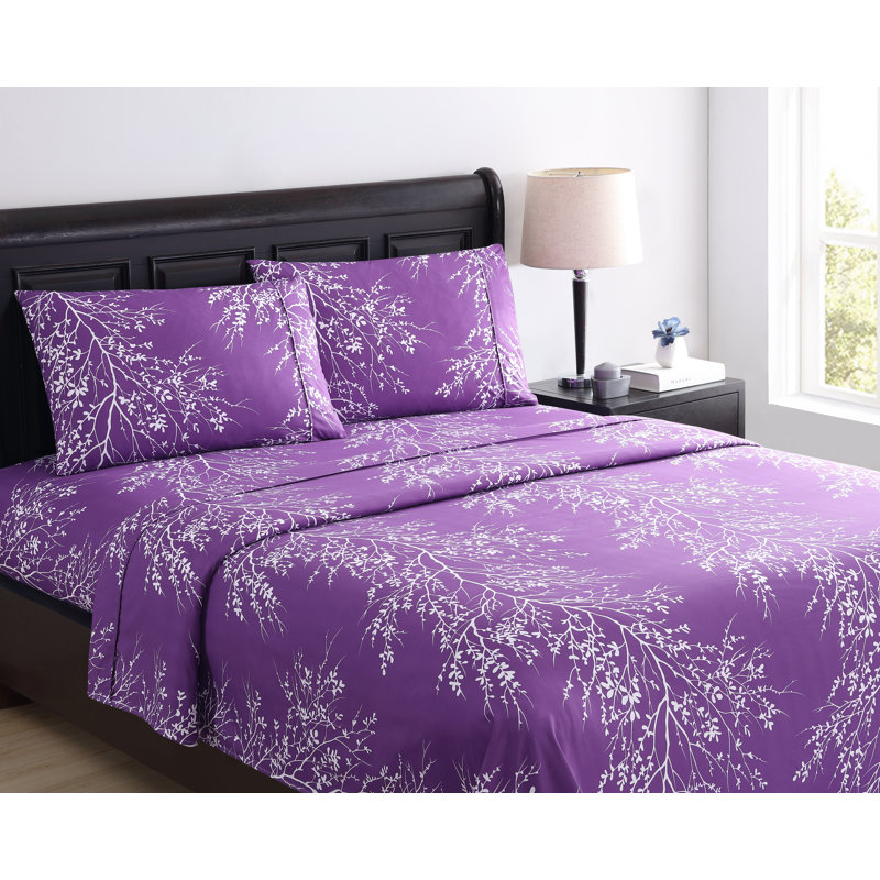 Ensemble de draps en microfibre Foliage, Ivoire / Mauve, Drap pour taille de lit très grand avec drap-hous