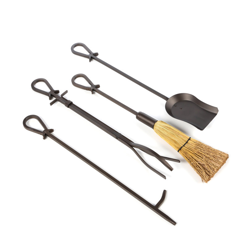 Ensemble d'outils de cheminée en bronze 4 pièces avec support