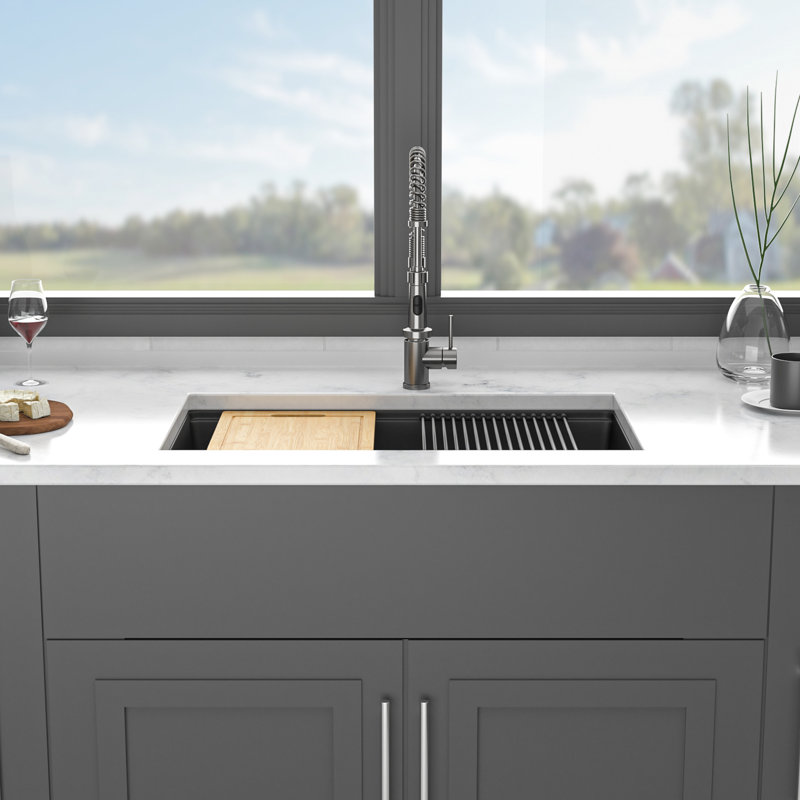 33X19" Black Quartz Composite Workstation Undermount Sink - High With Included Successes Kitchen Strong Achievements, Black